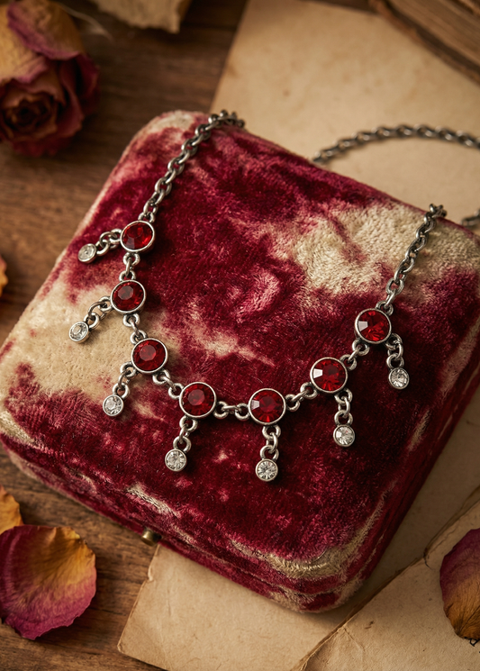 Rotes Collier mit roten und klaren Steinen auf gemustertem rot-beigem Samtkissen, daneben getrocknete Rosenblätter.