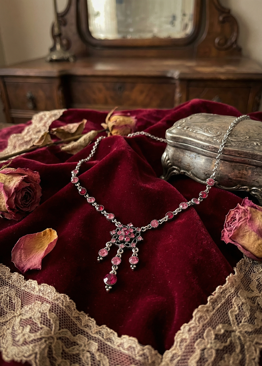 Gesamtes Collier mit rosa Steinen auf rotem Samt drapiert, umgeben von Spitzenstoff und getrockneten Rosen.