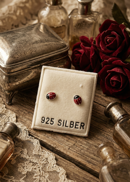 Zwei Mini Marienkäfer-Ohrstecker aus 925 Silber mit roten und schwarzen Details auf einer Schmuckkarte mit Aufdruck „925 SILBER“ vor einem alten Buch und Rosenblättern.