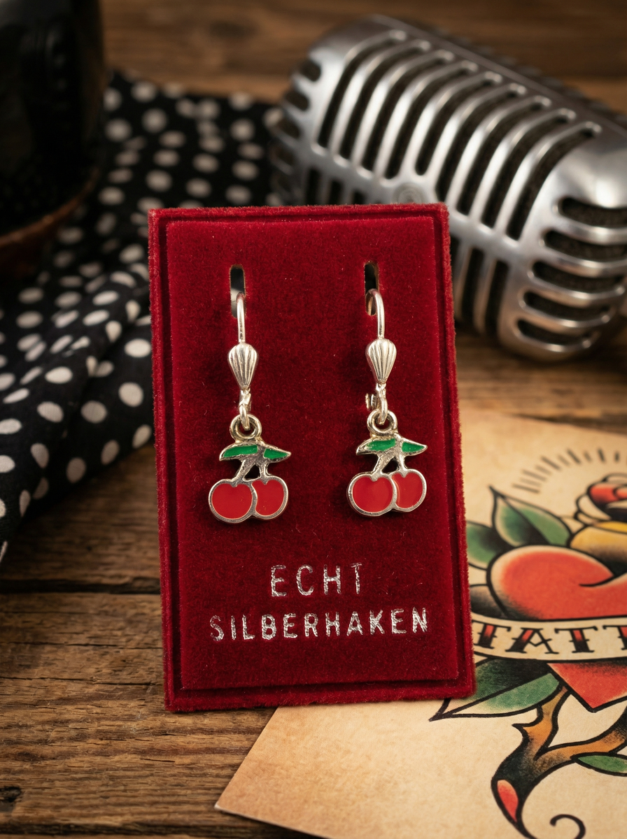 Rote Kirsch-Ohrringe auf rotem Samtkärtchen mit Aufschrift „ECHT SILBERHAKEN“ auf Holztisch, im Hintergrund Mikrofon, gepunkteter Stoff und Tattoo-Karte.
