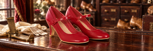 Rote Piccadilly Mary Janes in einem nostalgischen Schuhsalon.