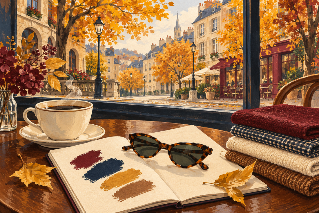 Herbstliche Retro-Illustration mit Kaffee, Stoffmustern und einer goldenen Altstadt vor dem Caféfenster