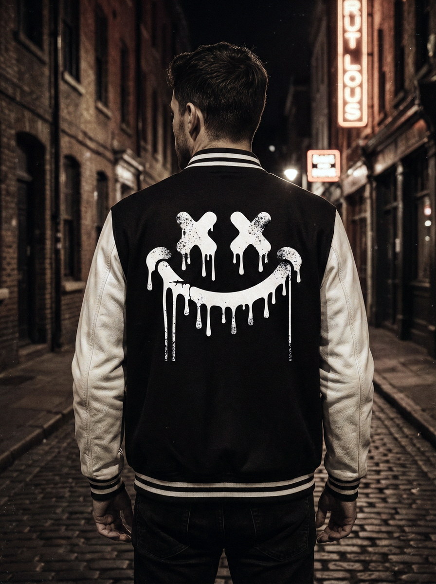 Mann trägt Collegejacke im Varsity Style mit Dripping-Smiley-Print und großem Rückenprint. Ansicht vión hinten.