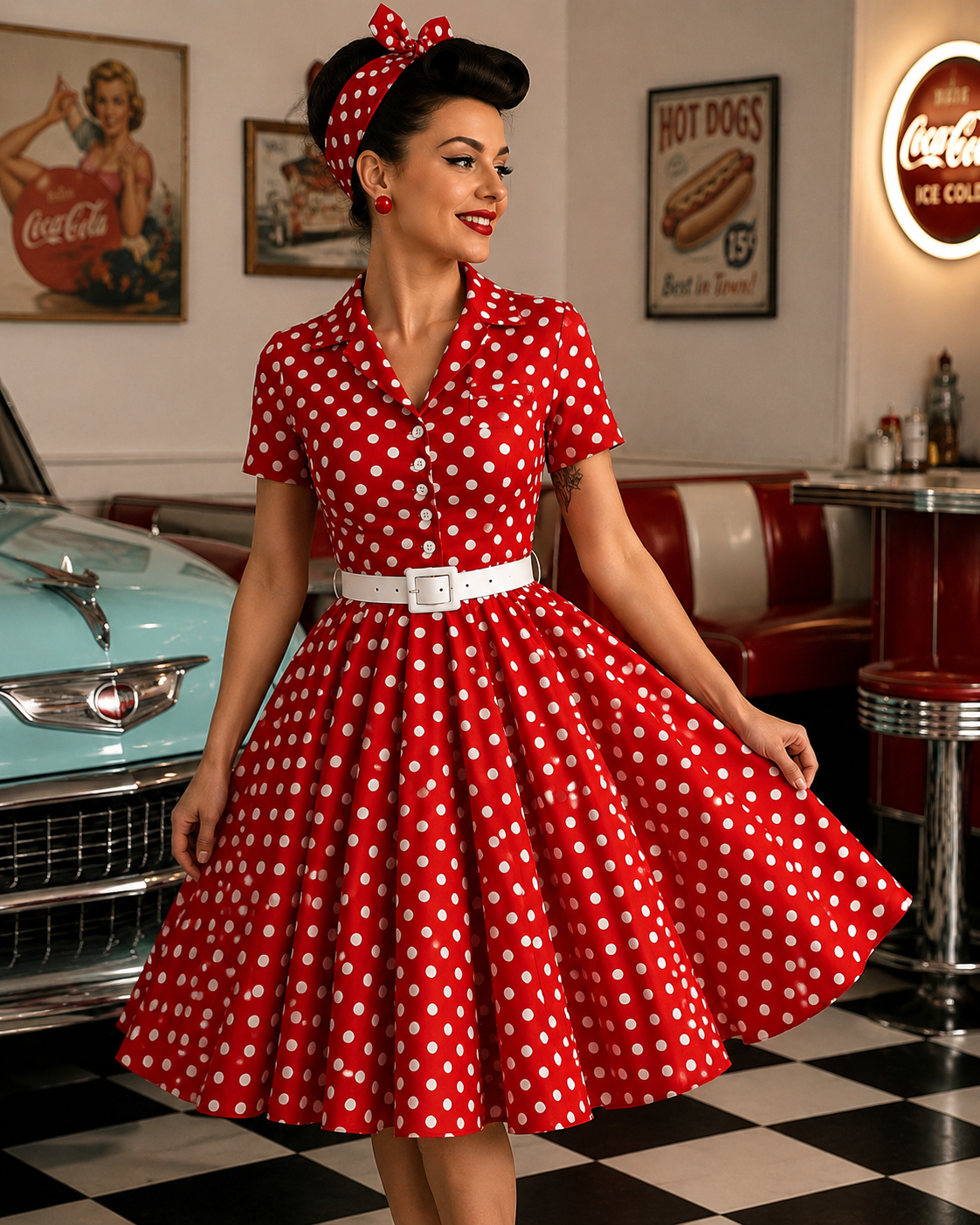 Red Polka Rockabilly Kleid - Retro Hemdblusenkleid im 50s Style