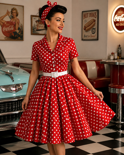 Red Polka Rockabilly Kleid - Retro Hemdblusenkleid im 50s Style