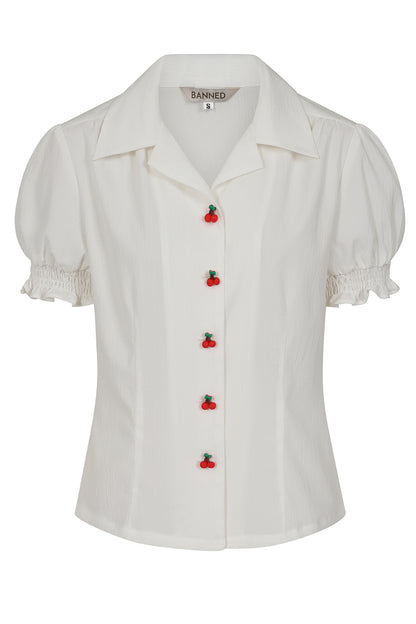 White Sally Cherry Bluse - Retro 50s Bluse mit Kirschknöpfchen
