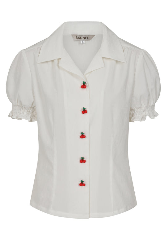 White Sally Cherry Bluse - Retro 50s Bluse mit Kirschknöpfchen