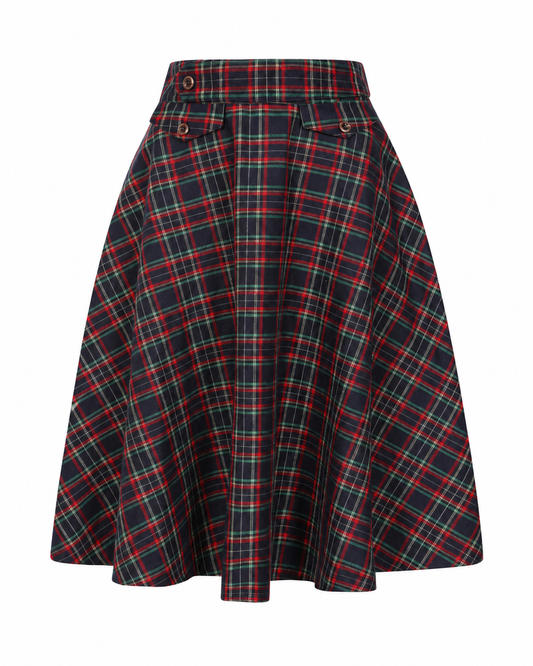 Banned Navy Book Club Swing Skirt SK25815 – dunkelblauer karierter Midirock mit hoher Taille und dekorativen Knopfpatten, Vorderansicht