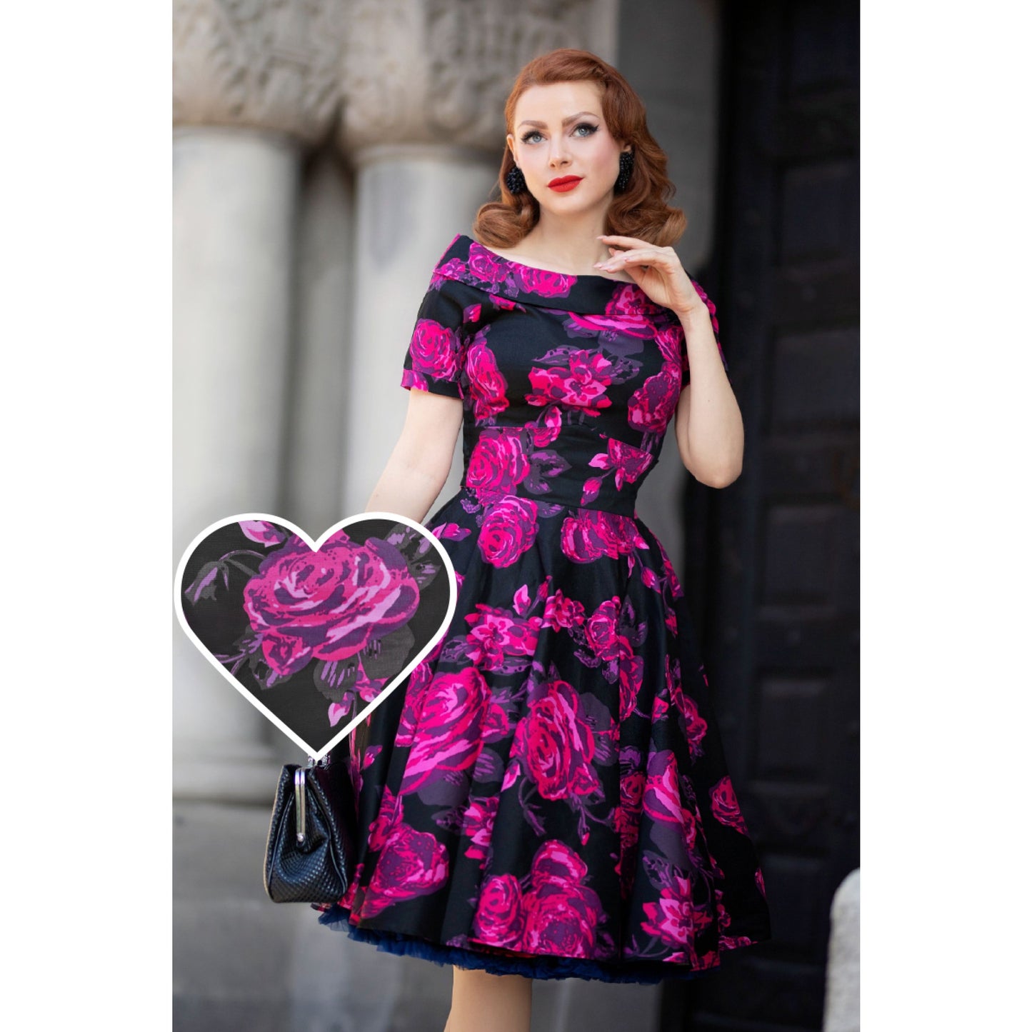 Black & Pink Retro Roses Darlene Dress