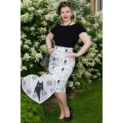Vintage Cat Print Pencil Skirt