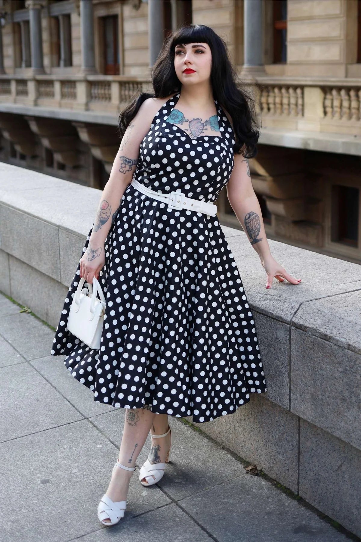 Black Polka Neckholder-Kleid - Rockabilly Dress mit Punkten