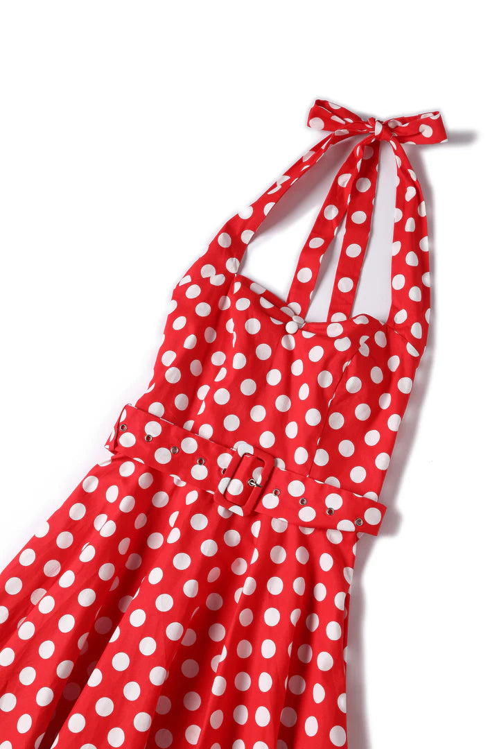 Red Daisy Neckholder-Kleid mit Polka Dots