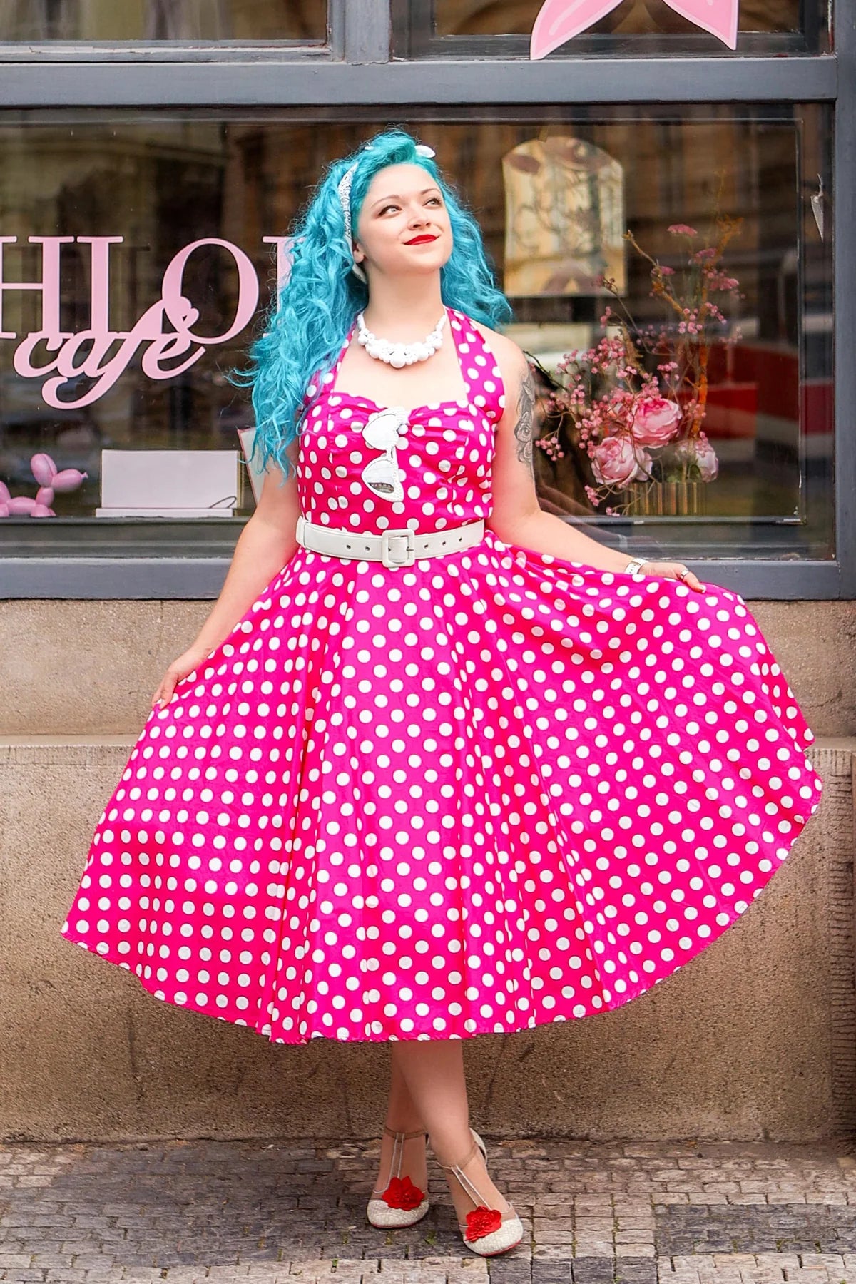 Daisy Pink Polka Neckholder Dress - Rockabilly Kleid