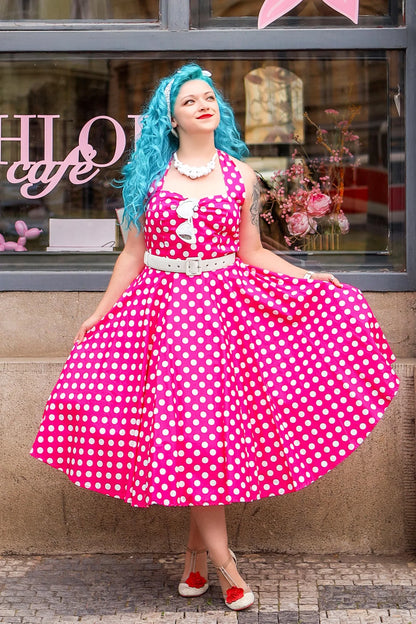 Daisy Pink Polka Neckholder Dress - Rockabilly Kleid