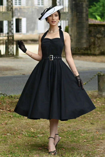 Black Daisy Neckholder - schwarzes Retro Rockabilly Kleid mit Gürtel