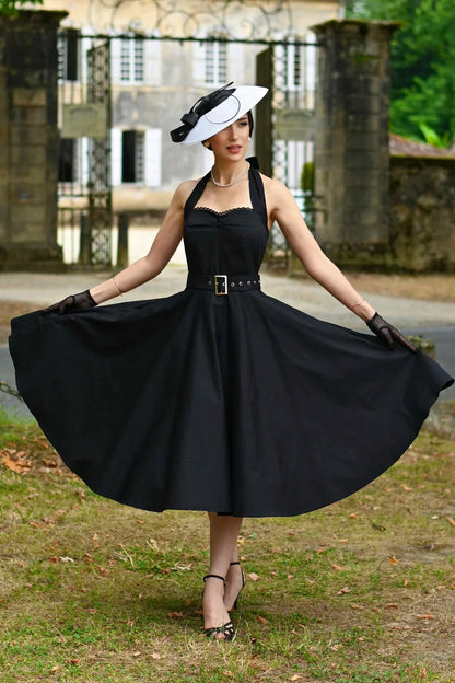 Black Daisy Neckholder - schwarzes Retro Rockabilly Kleid mit Gürtel