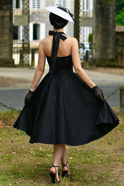 Black Daisy Neckholder - schwarzes Retro Rockabilly Kleid mit Gürtel
