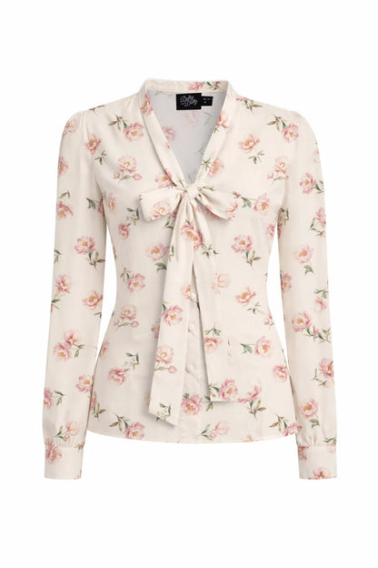 Margaret – cremefarbene Vintage-Schluppenbluse mit rosa Rosen