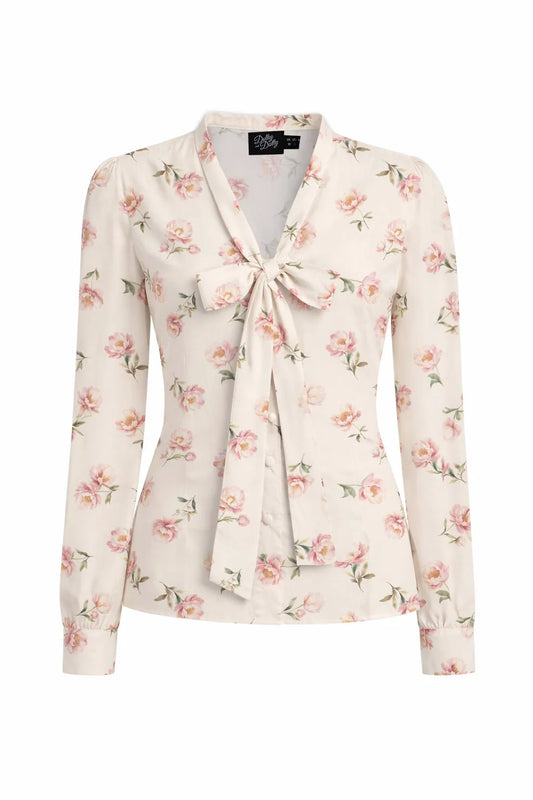 Margaret – cremefarbene Vintage-Schluppenbluse mit rosa Rosen