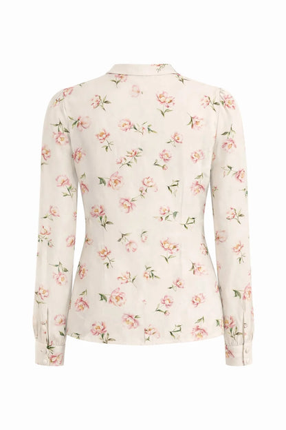 Margaret – cremefarbene Vintage-Schluppenbluse mit rosa Rosen