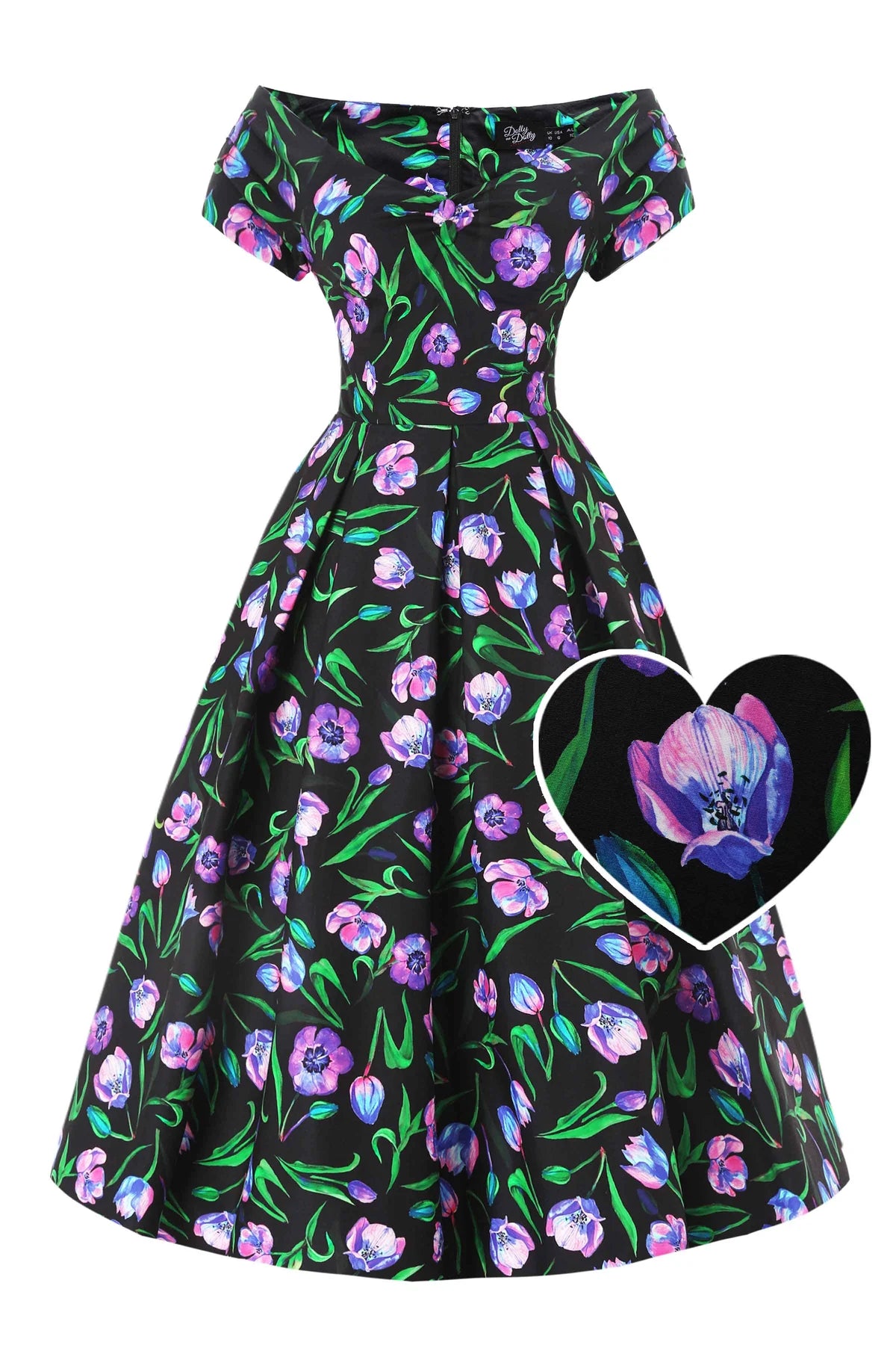 Tulip Lily Off Shoulder Dress - schwarzes Kleid mit Tulpen