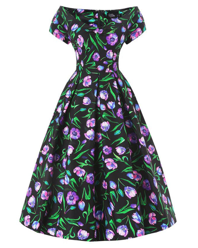 Tulip Lily Off Shoulder Dress - schwarzes Kleid mit Tulpen