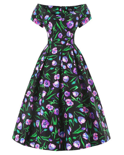 Tulip Lily Off Shoulder Dress - schwarzes Kleid mit Tulpen