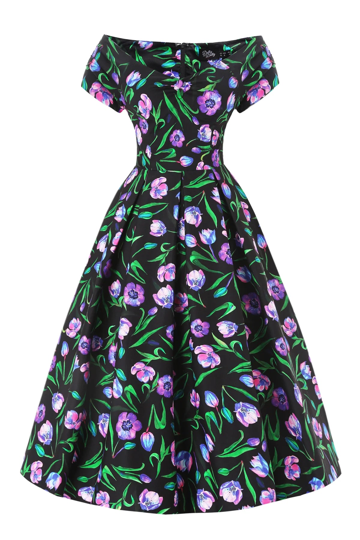 Tulip Lily Off Shoulder Dress - schwarzes Kleid mit Tulpen