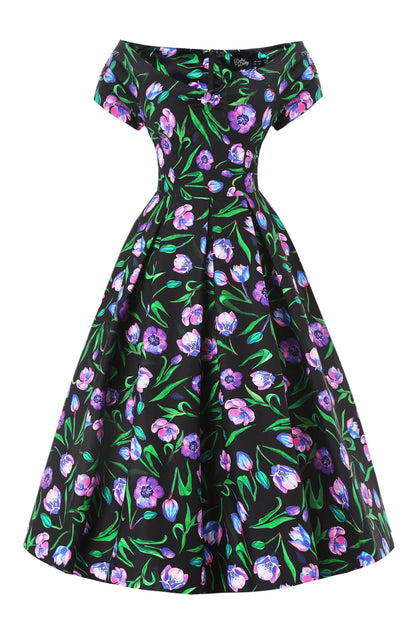 Tulip Lily Off Shoulder Dress - schwarzes Kleid mit Tulpen