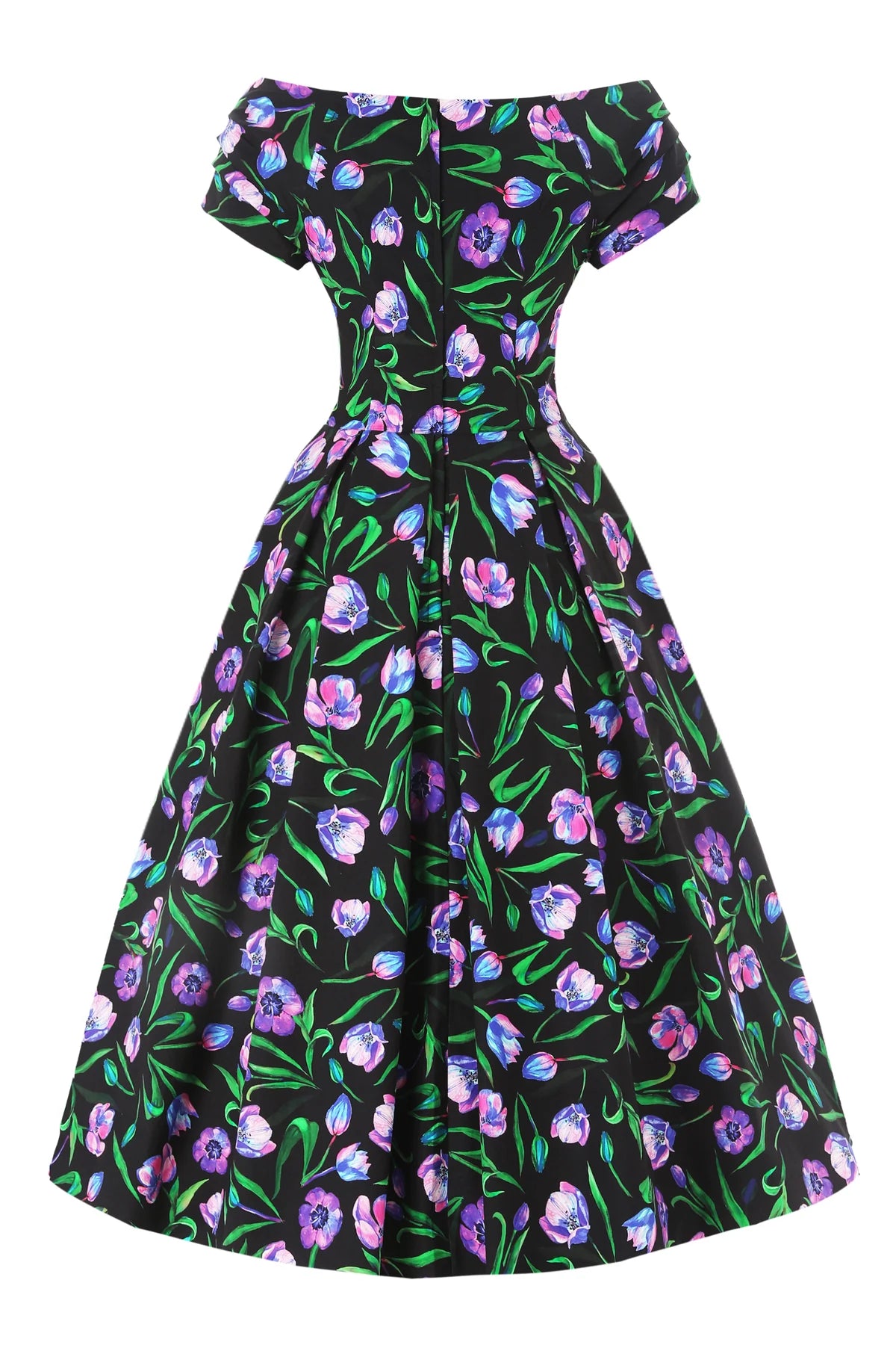 Tulip Lily Off Shoulder Dress - schwarzes Kleid mit Tulpen