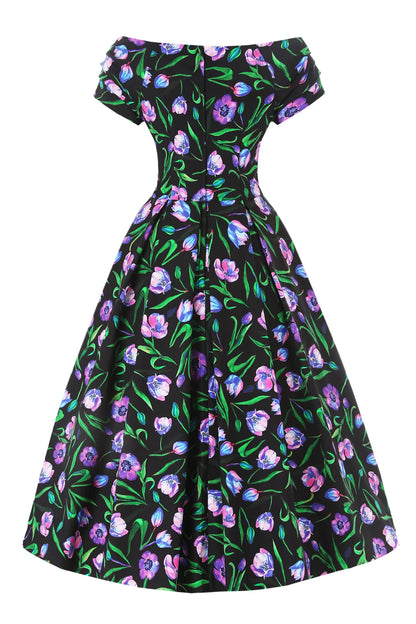 Tulip Lily Off Shoulder Dress - schwarzes Kleid mit Tulpen