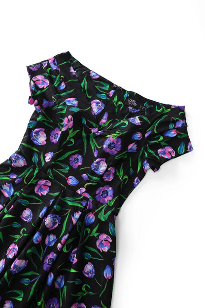 Tulip Lily Off Shoulder Dress - schwarzes Kleid mit Tulpen