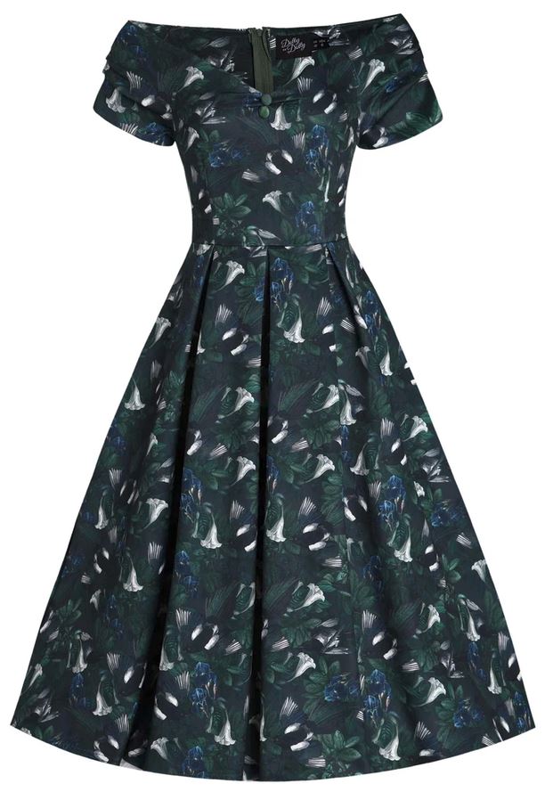 Dark Green Lily Dress - Offshoulder Kleid mit floralem Print
