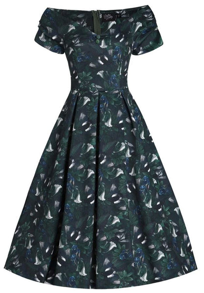 Dark Green Lily Dress - Offshoulder Kleid mit floralem Print