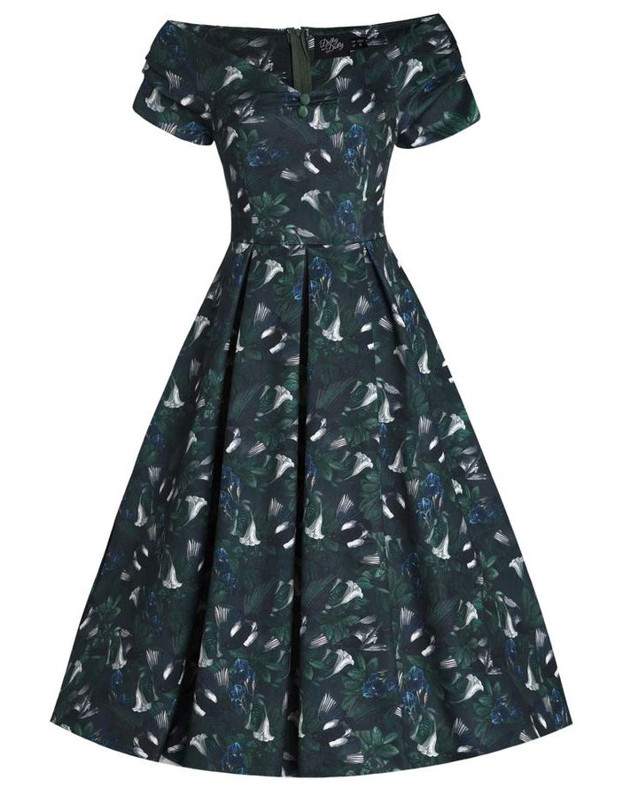 Dark Green Lily Dress - Offshoulder Kleid mit floralem Print