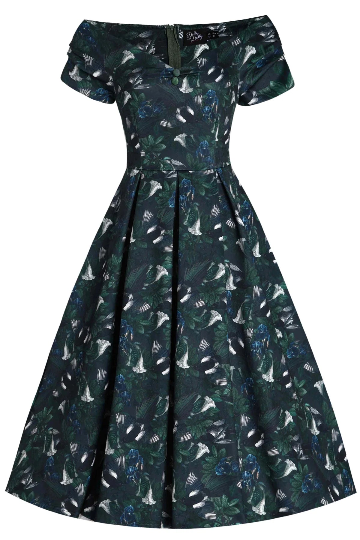 Dark Green Lily Dress - Offshoulder Kleid mit floralem Print