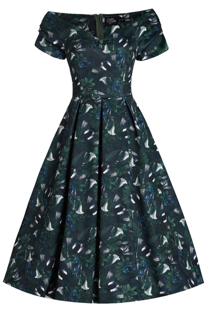 Dark Green Lily Dress - Offshoulder Kleid mit floralem Print