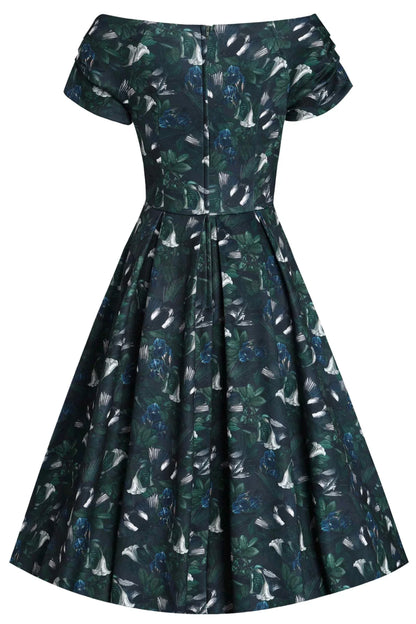 Dark Green Lily Dress - Offshoulder Kleid mit floralem Print