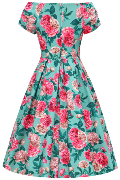 Kleid in mint mit rosa Blumenmuster. Ansicht von hinten.