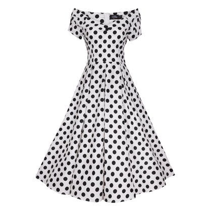 Polka Lily Off Shoulder Kleid in weiß-schwarz