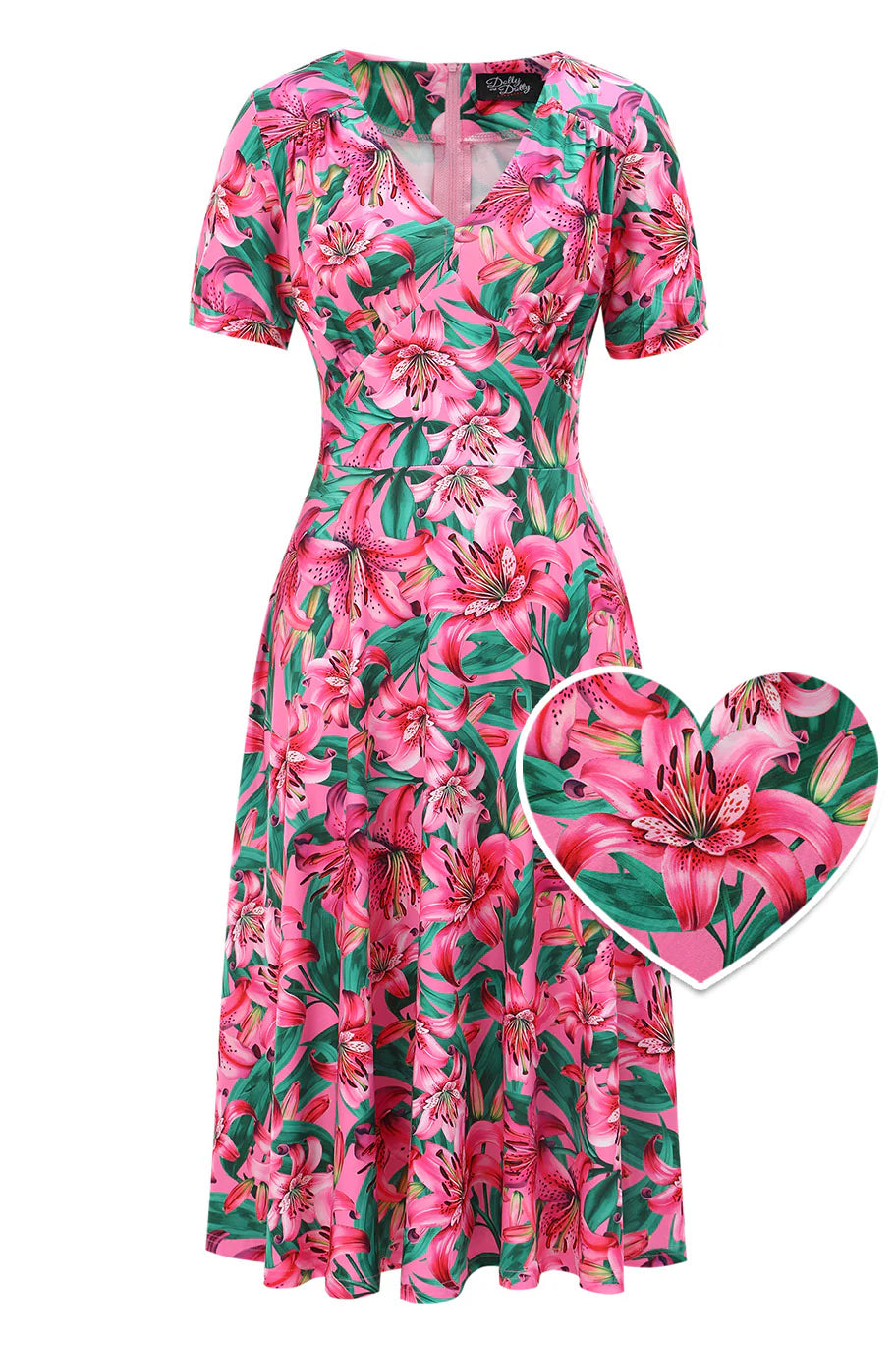 Pink Lily 40s Tea Dress - Florales Retro Midi Kleid