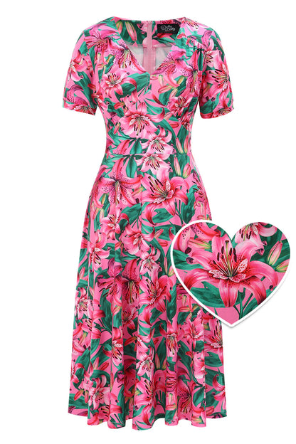 Pink Lily 40s Tea Dress - Florales Retro Midi Kleid
