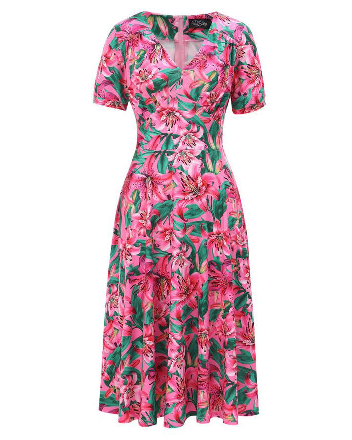Pink Lily 40s Tea Dress - Florales Retro Midi Kleid