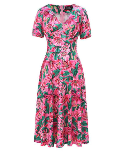Pink Lily 40s Tea Dress - Florales Retro Midi Kleid