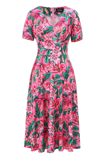 Pink Lily 40s Tea Dress - Florales Retro Midi Kleid