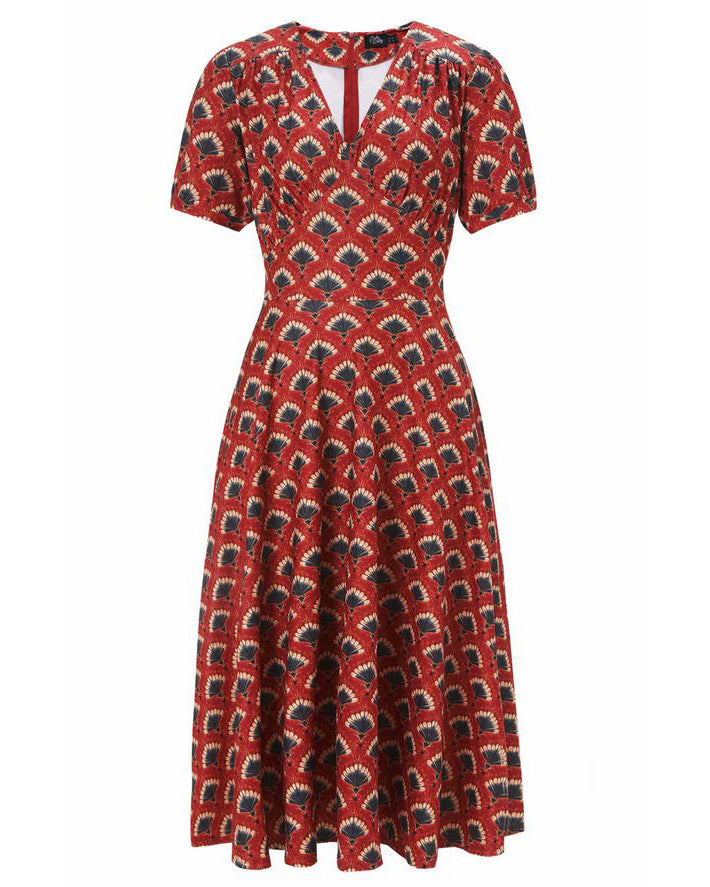 Rust Red Fanbust Dress - 40s Kleid mit Fächerprint