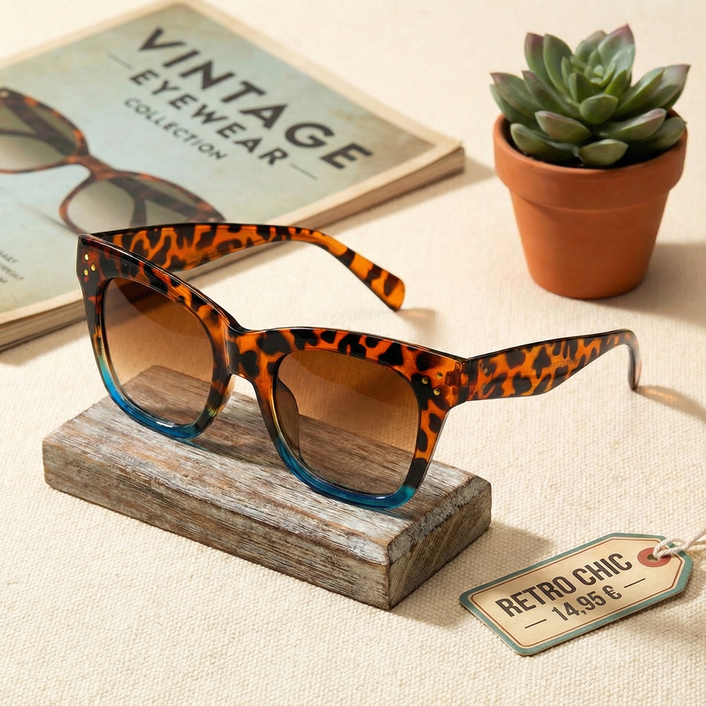 Sonnenbrille mit Leopardenmuster, braun getönten Gläsern auf Holzbrett mit Pflanze im Hintergrund und Vintage Heft