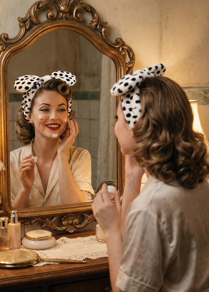 Frau vor einem Spiegel trägt einen gepunkteten Kosmetik-Haarreif und trägt Gesichtspflege auf.