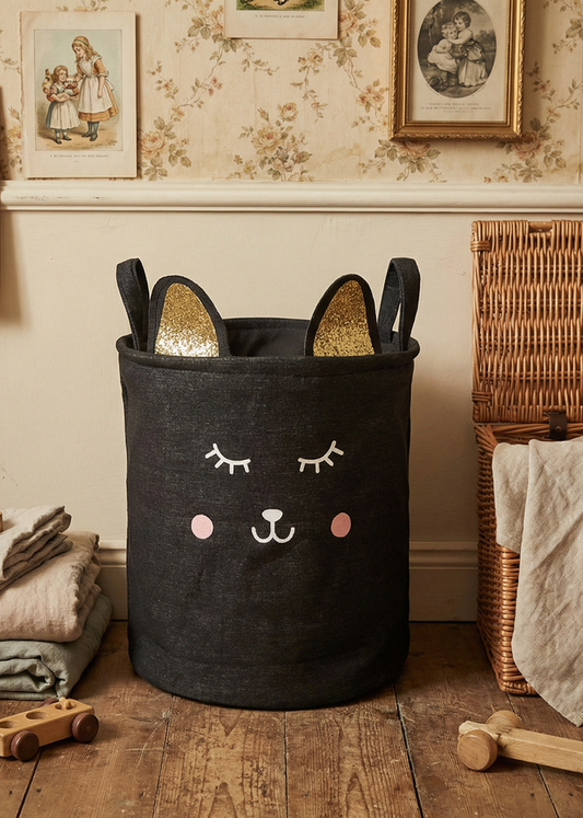 Schwarzer Aufbewahrungsbehälter mit Katzen-Gesicht und glitzernden Ohren