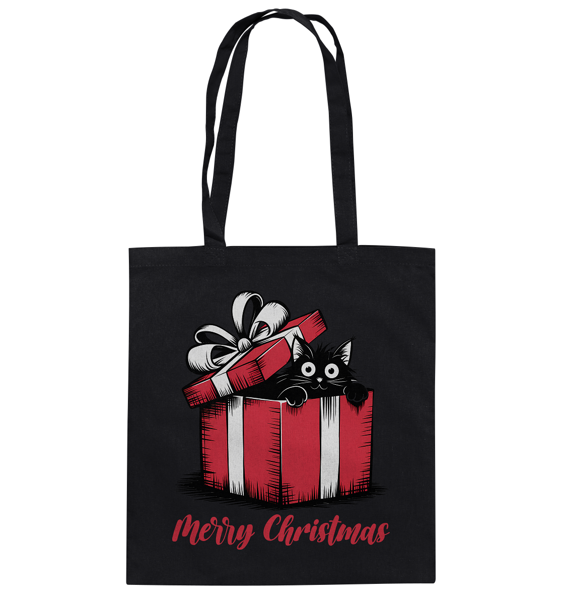 Merry Christmas. Schwarze Katze im Geschenkkarton. - Baumwolltasche